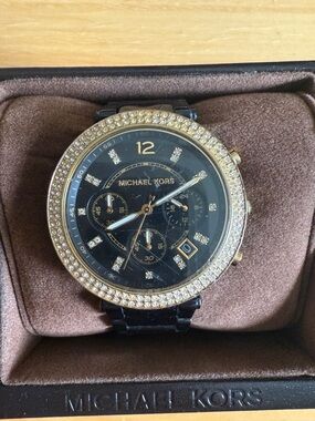 Michael Kors Black and Gold Crystal-Trim Chronograph Watch